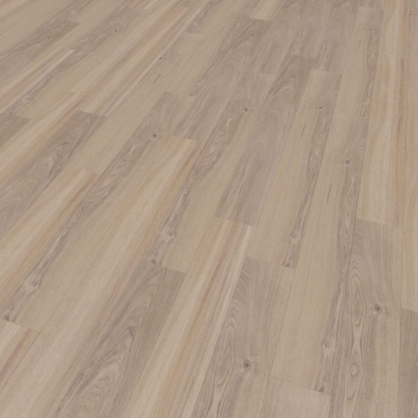 Helm Oak laminate flooring features light-colored planks with a natural oak grain pattern, arranged in a staggered layout for a smooth, clean finish.