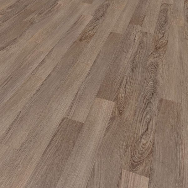Close-up view of Lido Oak* laminate flooring featuring a natural brown finish, with varied wood grain patterns and knots for a realistic wooden look.