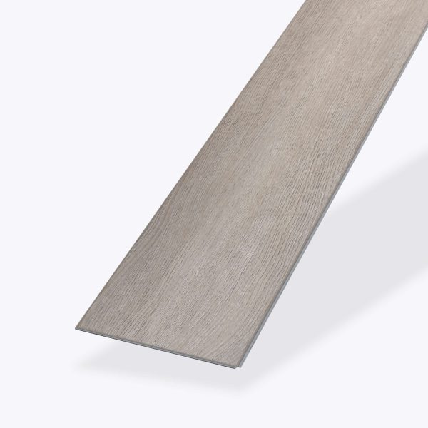 A single Hendrie rectangular plank of light gray wood-look vinyl flooring is displayed on a white background at an angle, showing off its texture and slim profile.