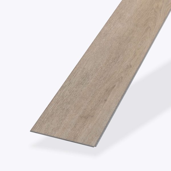 The Lasalle light brown, rectangular vinyl flooring plank is shown angled on a white background, displaying its natural wood grain texture and smooth finish.