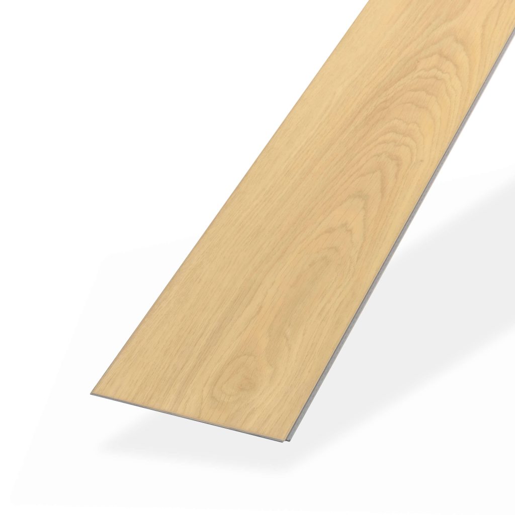 A single Cornish light wood-look vinyl plank with a natural grain pattern, photographed diagonally on a white background.