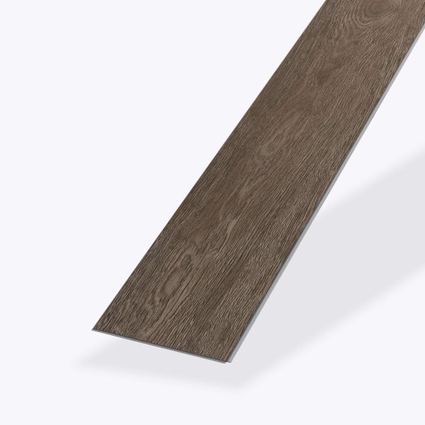 A Foremast brown vinyl flooring plank with realistic wood grain texture is displayed at an angle against a plain white background, emphasizing its length and detailed surface.