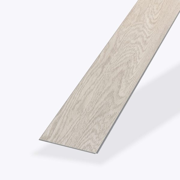 A single Spinnaker laminate flooring plank, featuring light-colored wood grain and a rectangular shape, is displayed at an angle on a white background to showcase its natural texture.