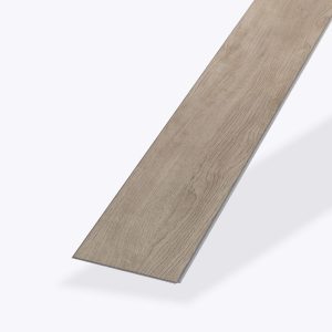 A single Deck Oak light brown wood-look vinyl flooring plank is displayed against a plain white background, showcasing its texture and grain pattern.