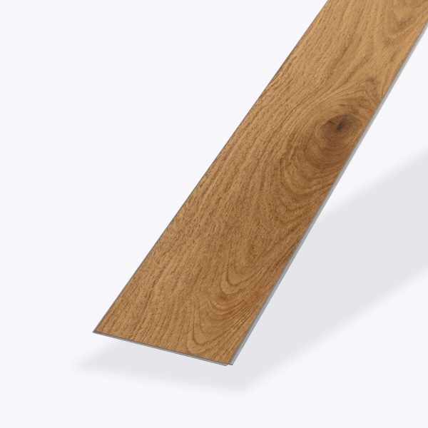 A single rectangular strip of Mooring light brown wood-patterned laminate flooring is displayed against a plain white background, highlighting its surface texture and grain detail.