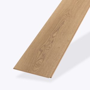 A single Genoa Oak floor plank, light brown with a natural grain pattern, is displayed diagonally on a plain white background, one end closer to the viewer.