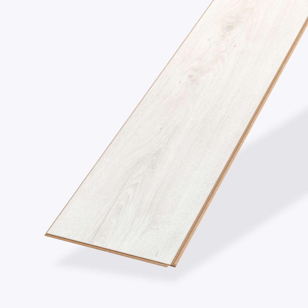 A single Paloma Oak laminate flooring plank, shown angled on a white background. The light wood features a subtle grain pattern and beveled edges.