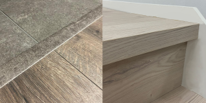 Close-up of two different flooring transitions: the left shows a join between tile and wood flooring; the right shows a wood stair tread meeting a riser and wall, highlighting flooring details and edge finishes.