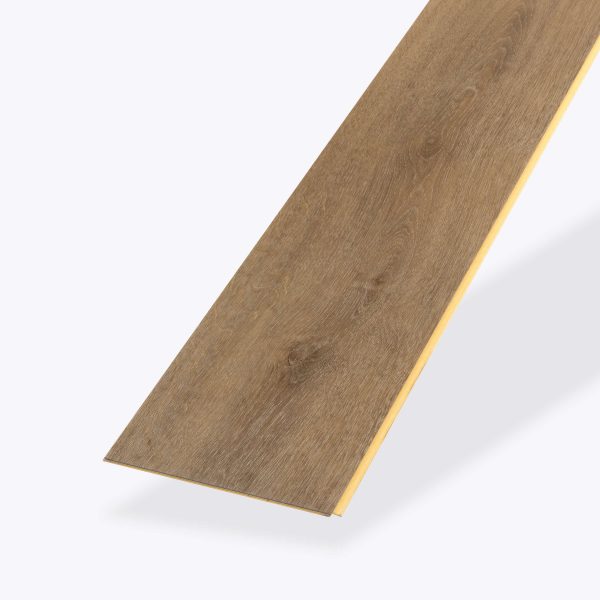 A single plank of Nadal* brown wood-look laminate flooring with a realistic grain pattern, photographed against a plain light background.