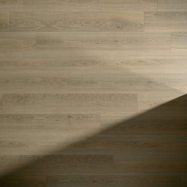 Genoa Oak flooring in light brown with visible grain patterns, partially covered by a diagonal shadow that highlights the contrast between lit and shaded areas.