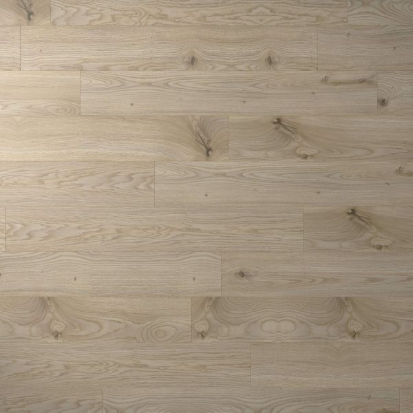 Sanremo Oak features a light-colored wooden floor with visible grain patterns and knots, arranged in a horizontal plank layout. The smooth, evenly finished surface adds a modern touch to any space.