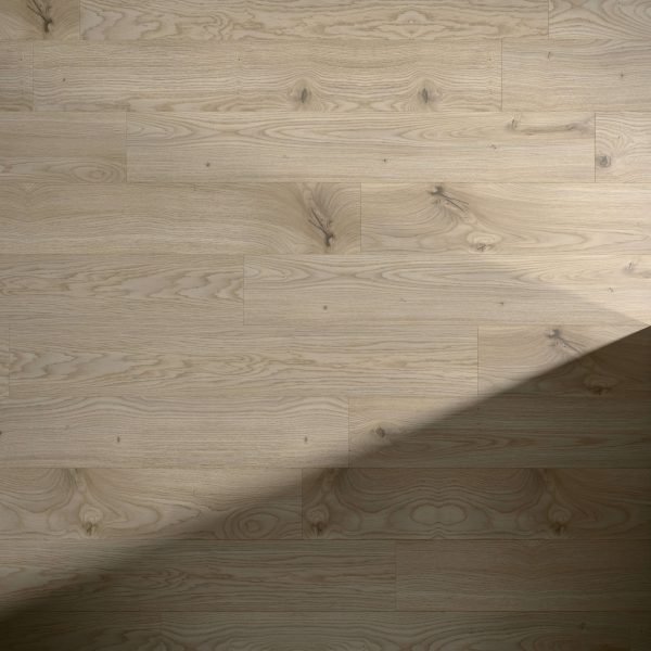 Sanremo Oak floorboards with distinct grain and knots are partially shaded by diagonal light from the lower right, highlighting the contrast between sunlit and shadowed areas.