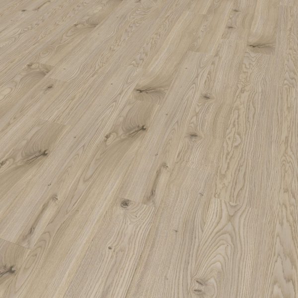 Sanremo Oak flooring features light-colored wood with natural grain patterns and knots. Its smooth finish and subtle tone variations create a clean, modern look, as shown in the angled display of the planks.