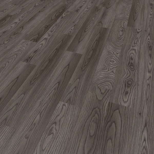 Toulon Oak flooring features dark wood with a natural grain, wavy lines, and oval knots in shades of gray and brown, arranged in a staggered plank layout.