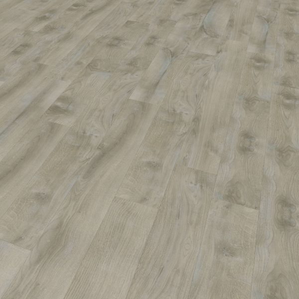 Monaco Oak laminate flooring features a smooth finish and subtle grain patterns in beige and gray tones. Its natural wood textures create a clean, modern look, enhanced when viewed at an angle.
