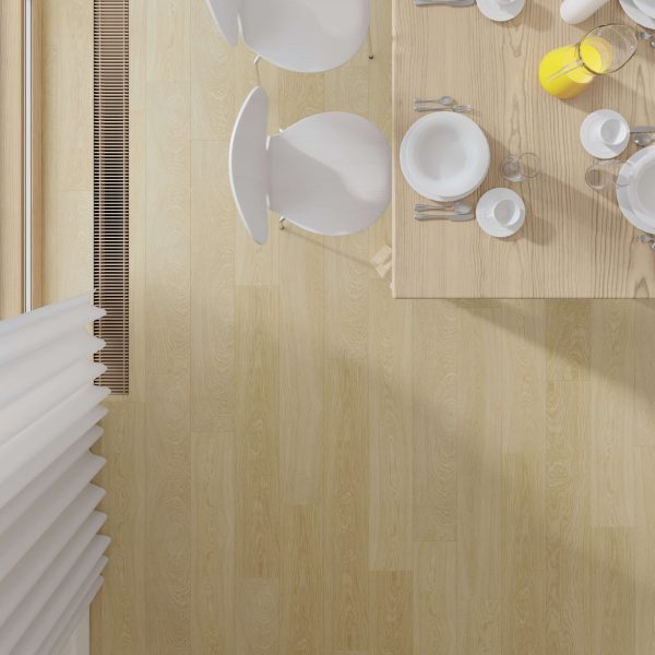 Overhead view of a Laval Oak dining table set with plates, cups, cutlery, orange juice, and fruit. Three white chairs surround the table on a light Laval Oak floor near a vent and sheer curtains.