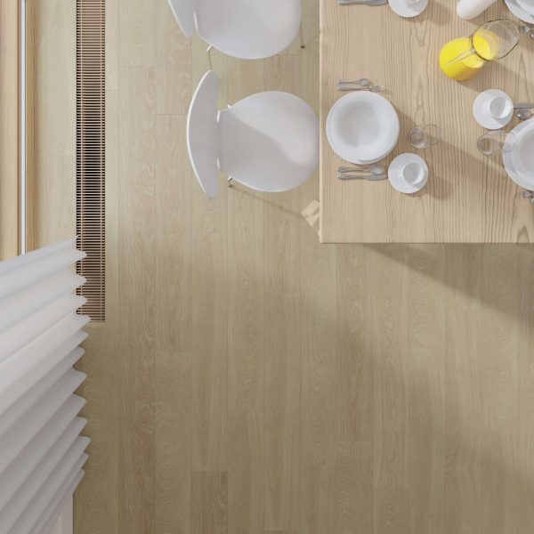 Aerial view of a Sausalito Oak dining table set with plates, glasses, and a jug of orange juice beside two white chairs on a matching light wood floor, near a window with white blinds.