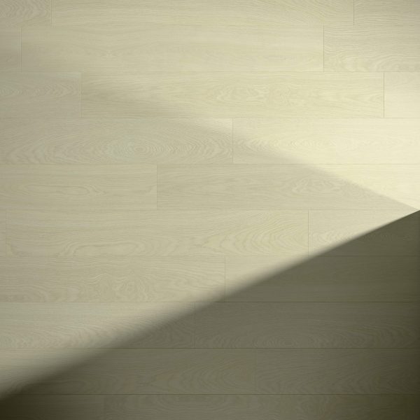 Tacoma Oak flooring features a light wood tone with subtle grain patterns, partially veiled by a large diagonal shadow in the lower right corner, adding striking contrast between bright and shaded sections.