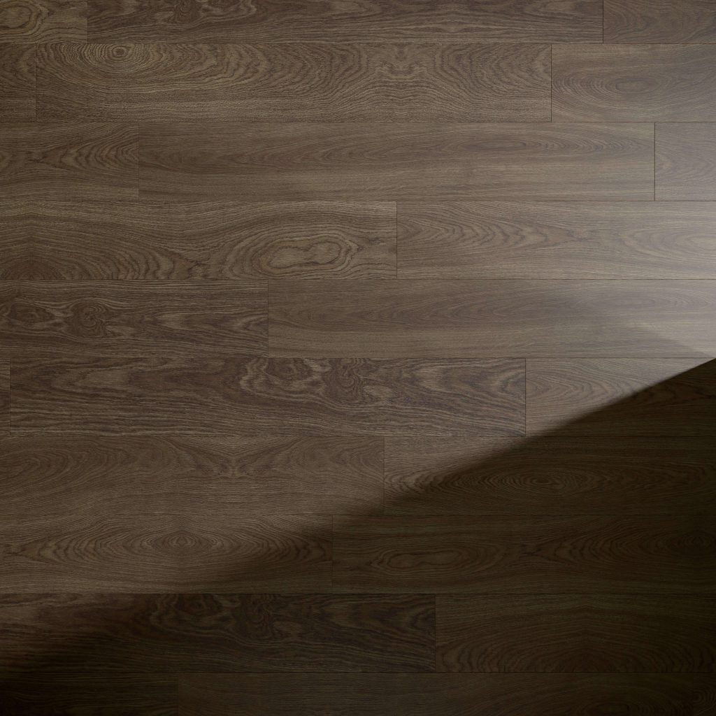 Alexandria Oak flooring features rich brown wood with visible grain patterns, partially shaded diagonally from the bottom right, creating a striking contrast between illuminated and shadowed areas.