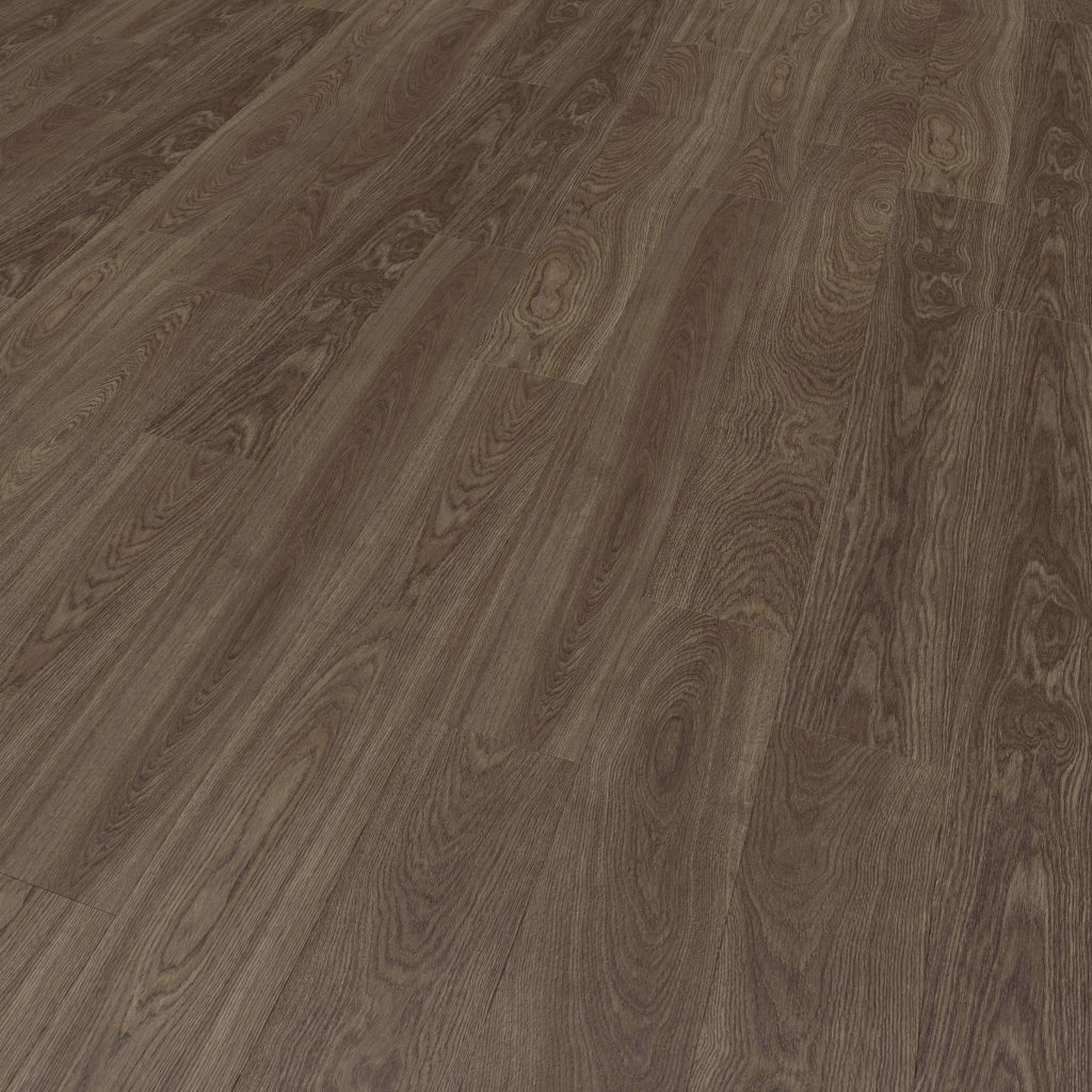 Alexandria Oak features a dark brown wooden floor with visible natural grain patterns and knots for a textured, warm look. The clean, polished surface has planks arranged lengthwise to enhance its elegant appearance.