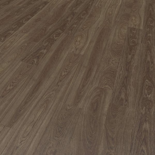 Alexandria Oak features a dark brown wooden floor with visible natural grain patterns and knots for a textured, warm look. The clean, polished surface has planks arranged lengthwise to enhance its elegant appearance.