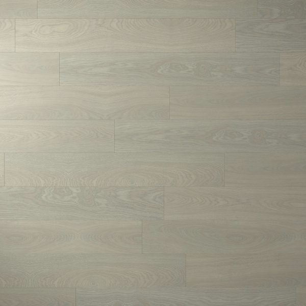 Somerville Oak features light gray wooden floorboards in a staggered pattern, displaying a subtle wood grain texture and smooth finish for a clean, modern look.