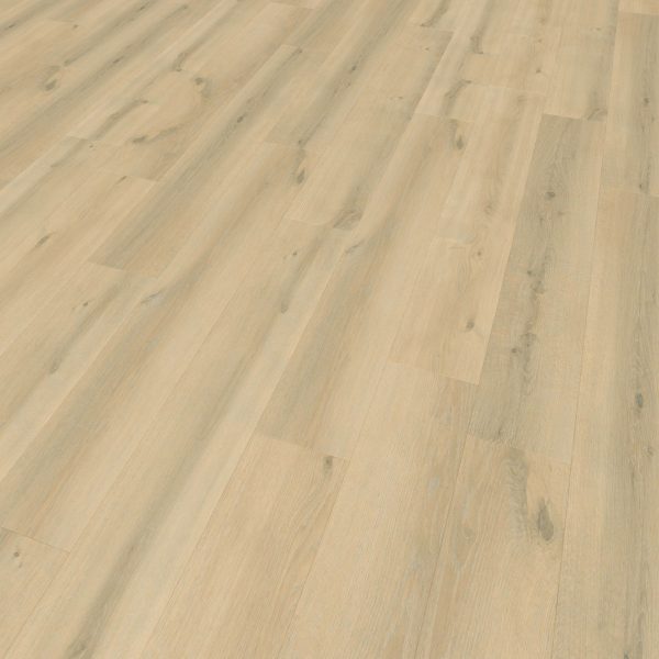 South Beach Oak features light wood laminate flooring with a natural grain pattern, shown from an angle that highlights its seamless installation and smooth, clean surface.