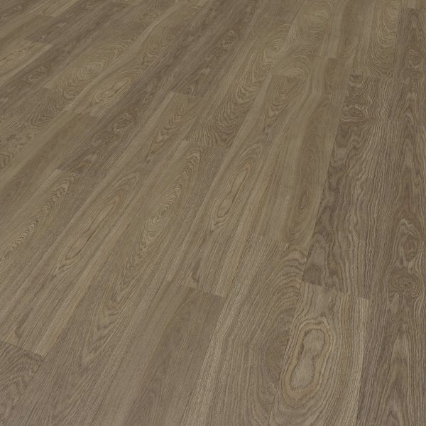 Burlington Oak laminate flooring features a brown wood pattern with visible grain and natural-looking knots, arranged in a staggered plank layout for a warm, textured look.