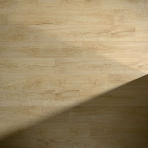 Sedona Oak* flooring features light wood tones with subtle natural grain patterns, highlighted by a diagonal shadow across the lower right corner that creates striking contrast between lit and shaded areas.