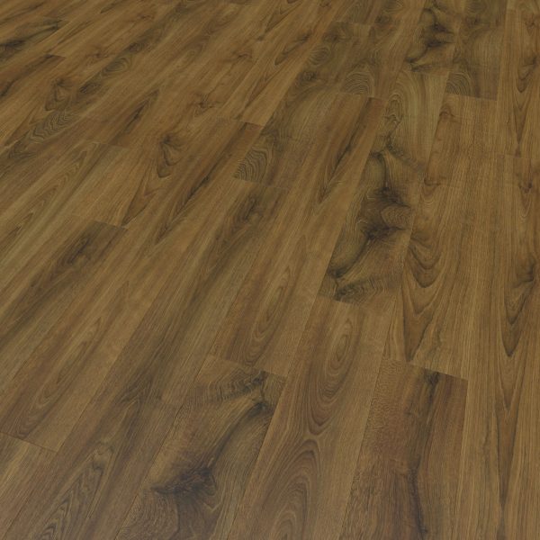 A close-up view of Charlotte Oak flooring reveals its rich brown color and natural grain patterns, showcasing the detailed texture of the wood planks.