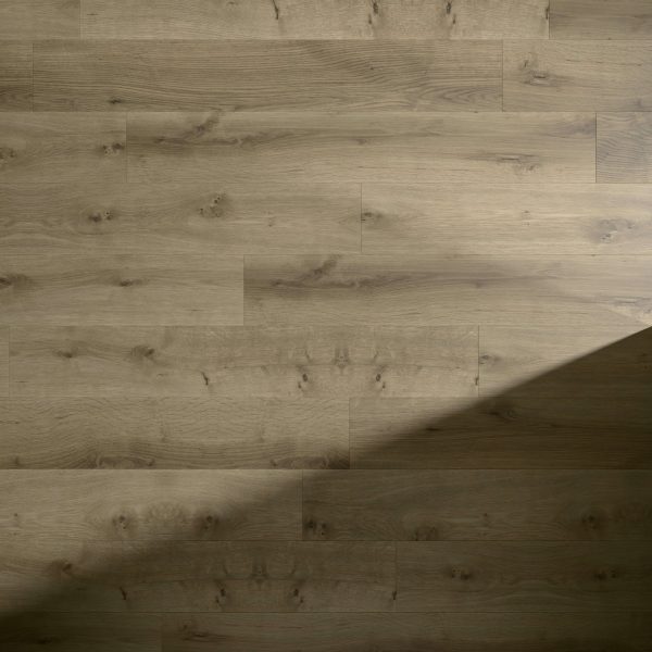 Austin Oak* features light brown wooden floorboards with natural grain and knots, partly covered by a soft diagonal shadow. The smooth, clean texture offers a warm and neutral look to any space.