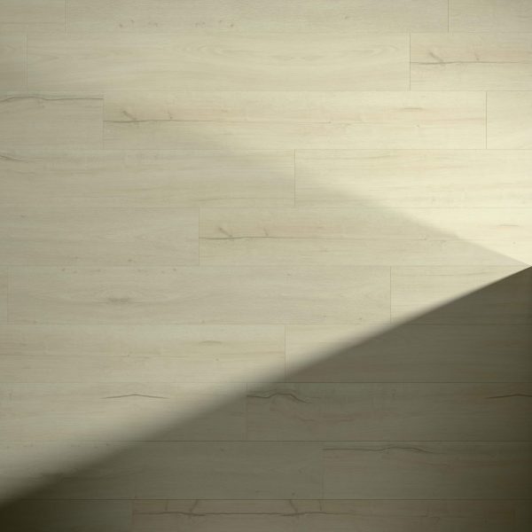 Galena Oak light wood flooring features subtle grain and natural markings. A diagonal shadow crosses the lower right corner, highlighting the contrast between illuminated and shaded areas. Floorboards are arranged in a staggered pattern.