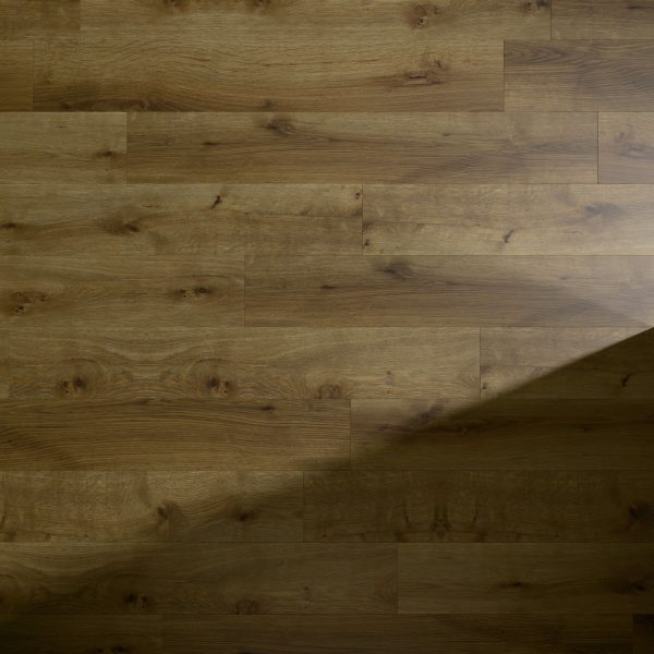 Stowe Oak* floorboards feature a warm brown tone with natural grain and visible knots. An angled shadow on the lower right suggests light from the top left, highlighting the wood's authentic character.