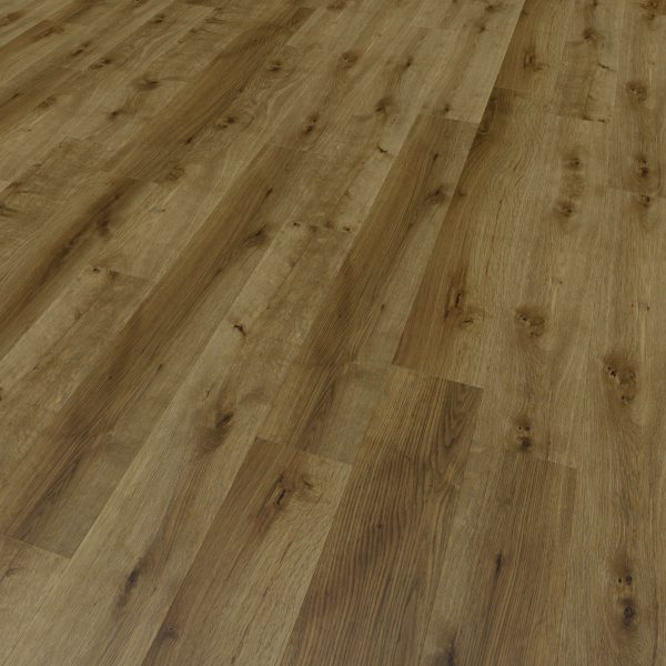A close-up view of Stowe Oak* flooring, showcasing light to medium brown planks with natural wood grain patterns and knots.