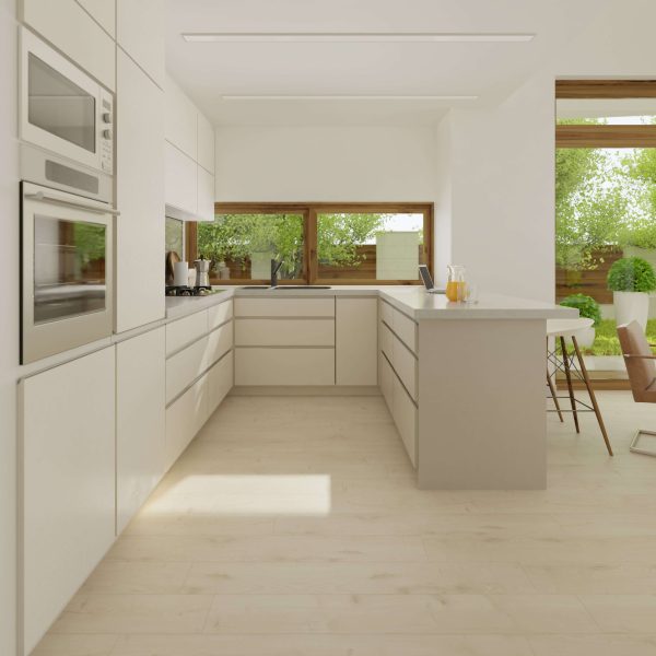 A modern kitchen with white cabinets, built-in oven and microwave, a spacious island with barstools, large windows overlooking a green garden, bright natural light, and stylish Hawthorne Oak flooring.