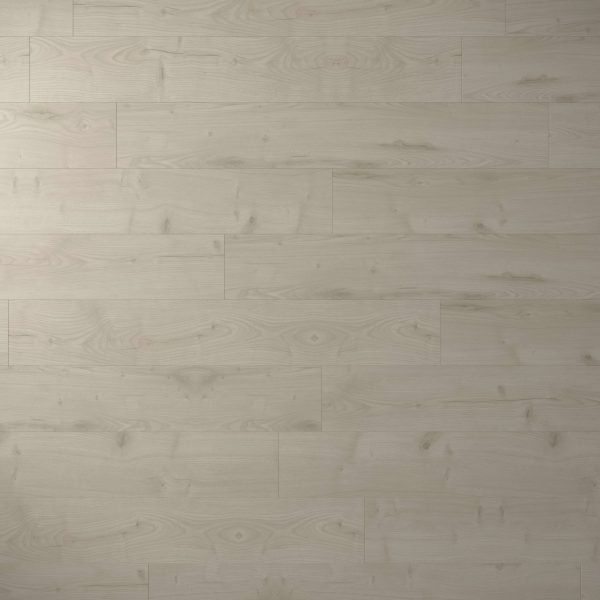 Hawthorne Oak features a light-colored wood floor with visible grain patterns and knots in a staggered plank layout. Its smooth, matte finish offers a clean, natural look that enhances any space.