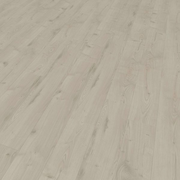 Hawthorne Oak features a light-colored wood floor with visible natural grain patterns and knots, shown from a low angle to create a spacious, clean look.