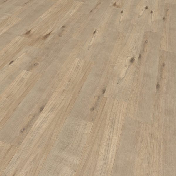 Bowery Oak features light wood flooring with a natural grain pattern and knots, arranged in a staggered plank layout. Its surface has a smooth, matte finish and a warm, neutral tone.