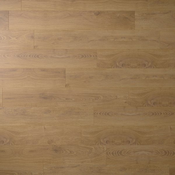 Alondra Oak features wide planks in a light brown shade with visible wood grain and natural patterns. The smooth, matte finish gives the floor a warm, natural look, while planks are laid in a staggered formation for added visual interest.