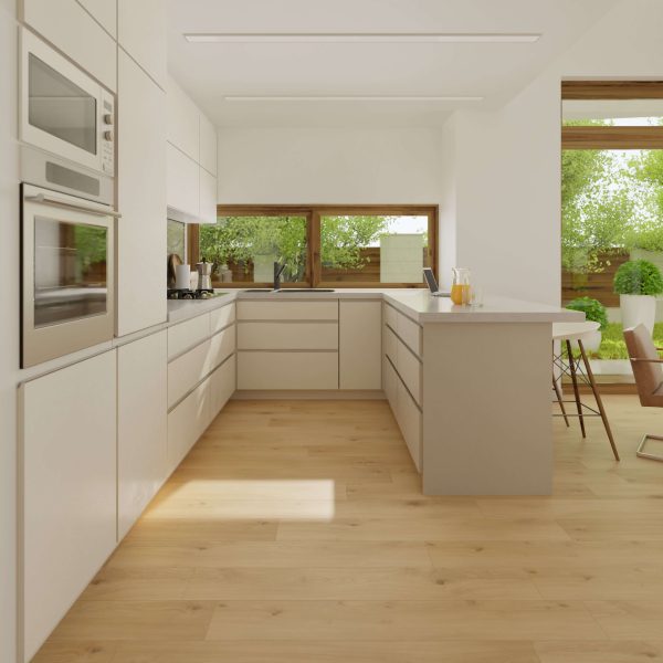 Modern kitchen featuring white cabinets, Melrose Oak floors, built-in appliances, large windows with garden views, and a central island with stools. Natural light enhances the space’s bright, airy atmosphere.
