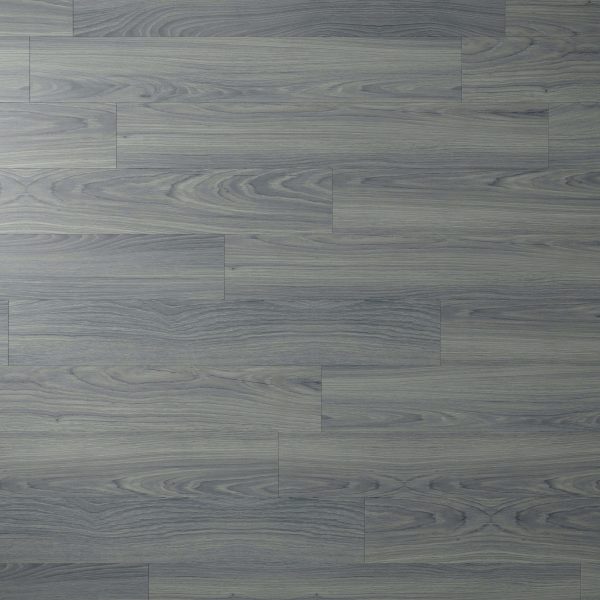 Ventura Oak features grey wood laminate flooring with a natural grain pattern, rectangular planks in a staggered layout, and a smooth surface with subtle shade and texture variations.