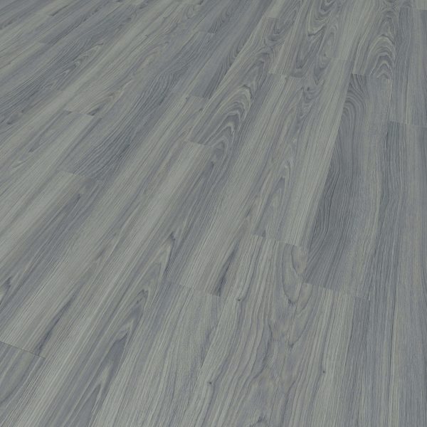 Ventura Oak laminate flooring features a gray wood grain with a smooth, matte finish. The planks display realistic patterns and subtle color variations, arranged diagonally in the image.