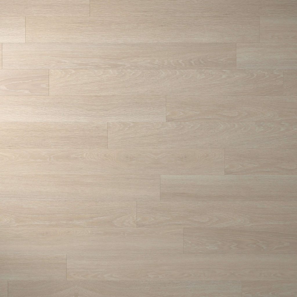 Estate Oak Beige features light-colored wood flooring with smooth, evenly spaced planks in a staggered pattern. Visible wood grain enhances its natural, clean look.