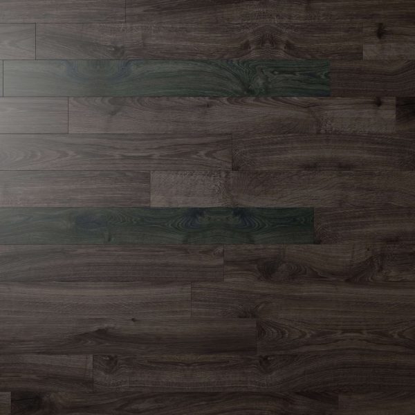 Newcastle Oak Dark flooring showcases visible grain and knots, with brown and gray-toned planks accented by subtle greenish hues, creating a distinct and unique surface pattern.