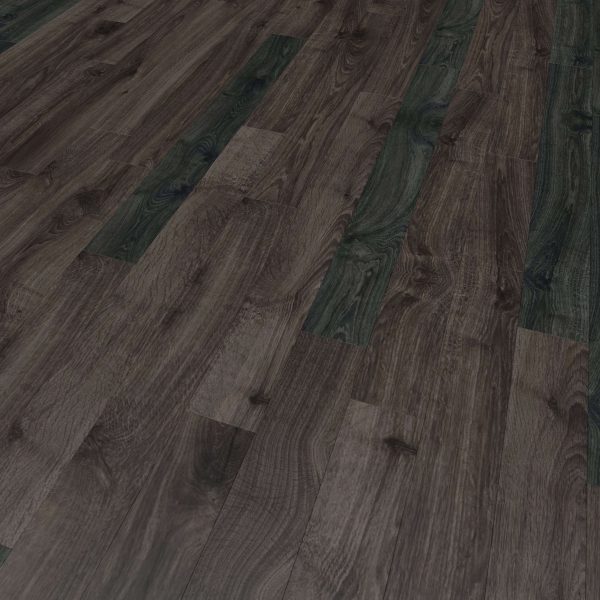 Newcastle Oak Dark features a dark hardwood floor with deep brown and greenish planks, visible wood grain patterns and knots, arranged in a staggered layout.