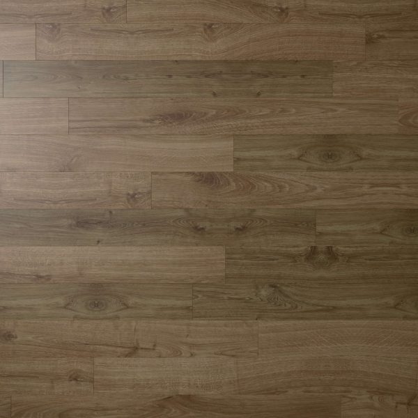 A close-up view of Newcastle Oak Brown floor planks showcases natural grain patterns and subtle knots, arranged in a staggered formation.