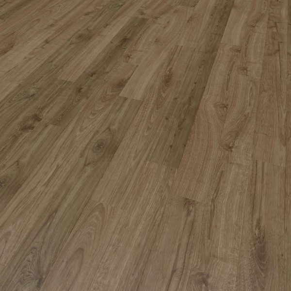 A close-up view of Newcastle Oak Brown flooring, featuring wide, medium-brown planks with natural wood grain patterns and knots, laid in a staggered arrangement.