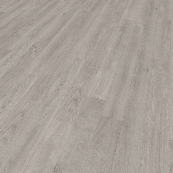 Venice Oak Grey** laminate flooring features a light gray wood grain texture. Photographed at an angle, its lengthwise planks create a modern, clean look for any space.