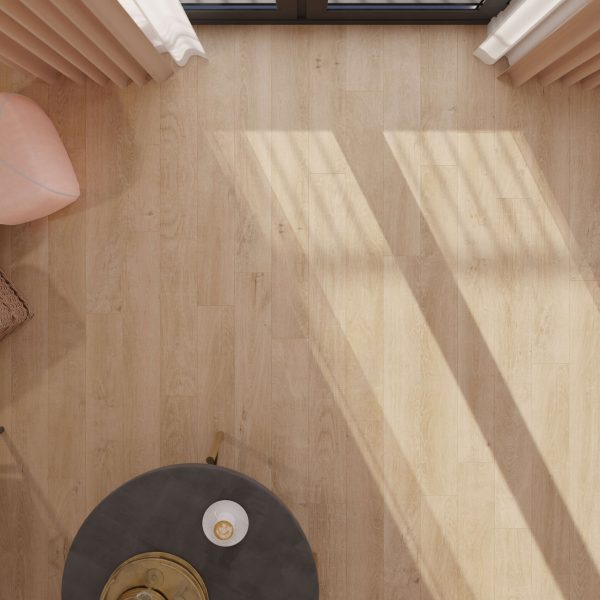 Top-down view of a sunlit Venice Oak Natural** wooden floor with long shadows from window blinds. A round table with a tray and a pink chair are partially visible near the edge.