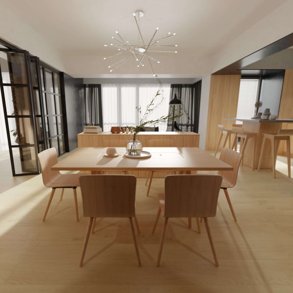 The Minerva Oak set features a light wooden table with four matching chairs, minimalist decor, large windows with sheer curtains, a modern chandelier, and an open layout filled with natural light.